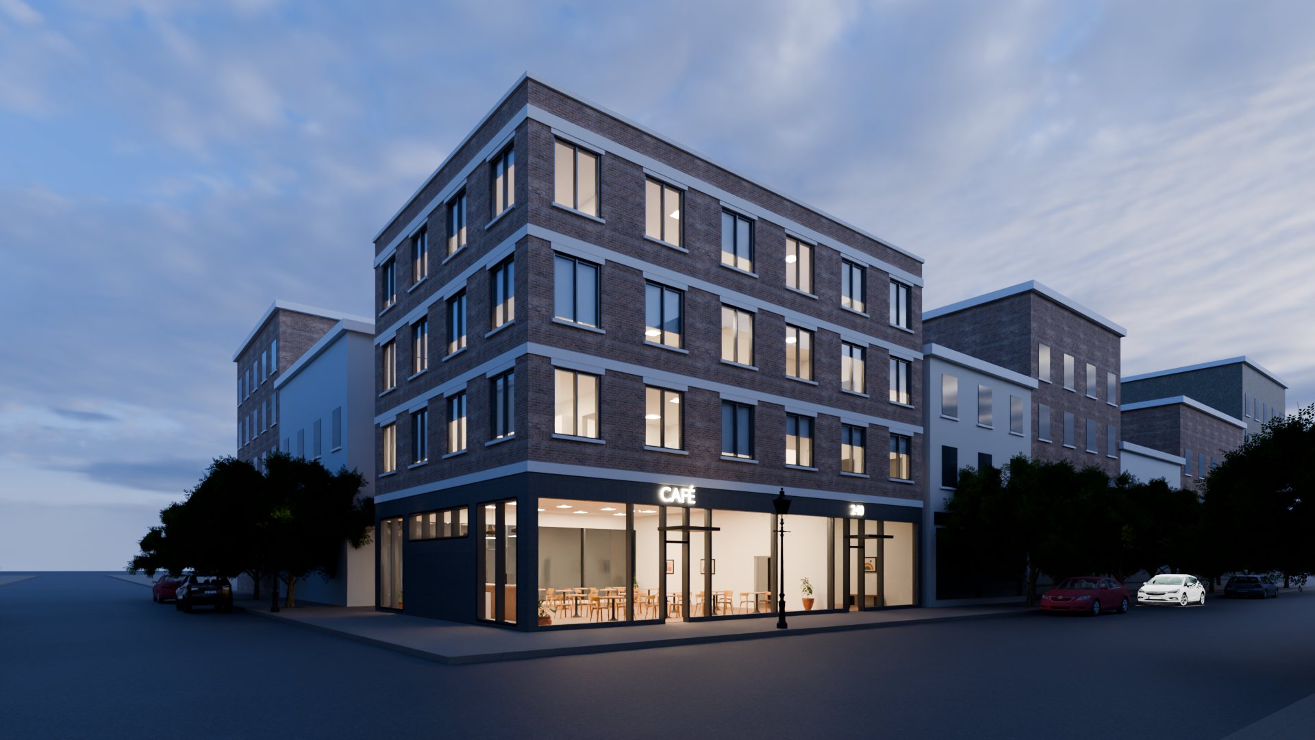 The building at dusk